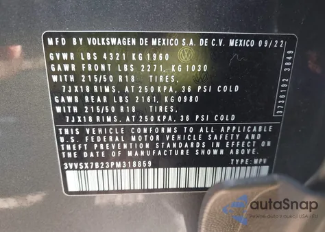 2023 Volkswagen Taos 1.5T Se z USA, uszkodzony, nr VIN 3VVSX7B23PM318859